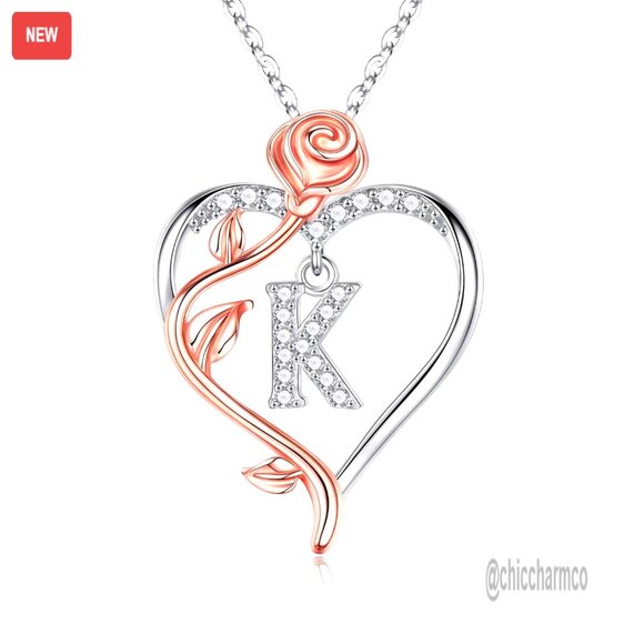 925 Sterling Silver Rose Heart Initial Necklace 18+2 Inch Chain Anniversary